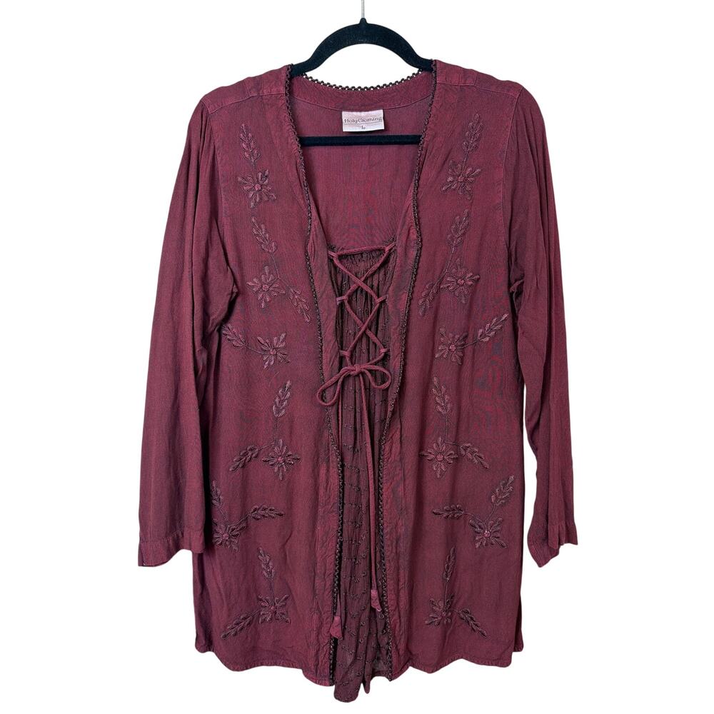Holy Clothing Red Floral Embroidery Tie Front 3/4 Sleeve Top Size L